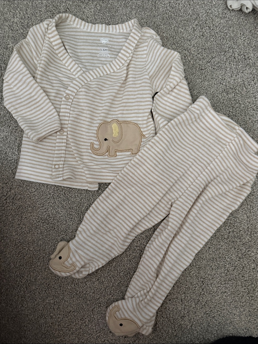 Beige Stripe Infant Pajama Set with Elephant Applique
